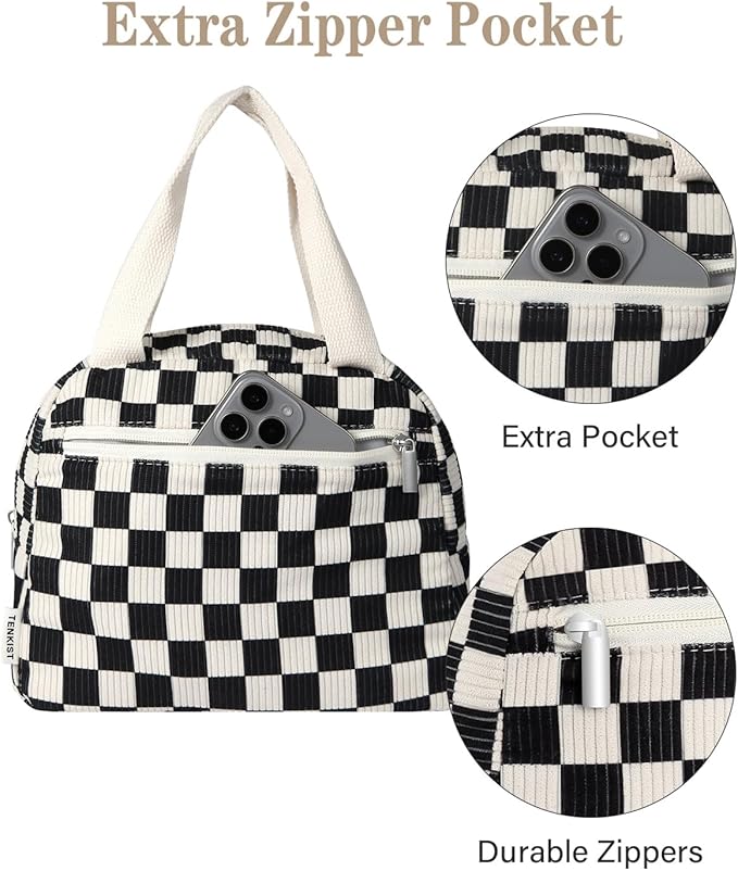 Cute Lunch Box Tote Bag - CoolerCorduroy Insulated Bags for Women - Lightweight Reusable Portable Soft Lunch Pail Kit for Kids Teen Girl Adults Work School Picnic Travel Checkered 8L