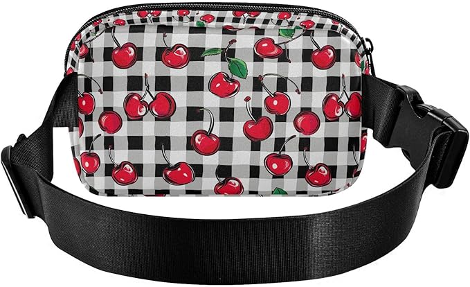 Cherry Fruit Black White Checkered Plaid Fanny Pack for Women Men Water Resistant Fashion Waist Packs with Adjustable Strap Belt Bag for Travel Workout Jogging Hiking 21219423