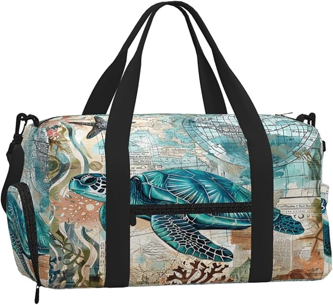 Sports Gym Bag Turquoise Sea Turtle Ocean Travel Duffel Bag With Shoe Compartment Shoulder Strap, Lightweight Water-Resistant Weekend Overnight Totes For Women Men