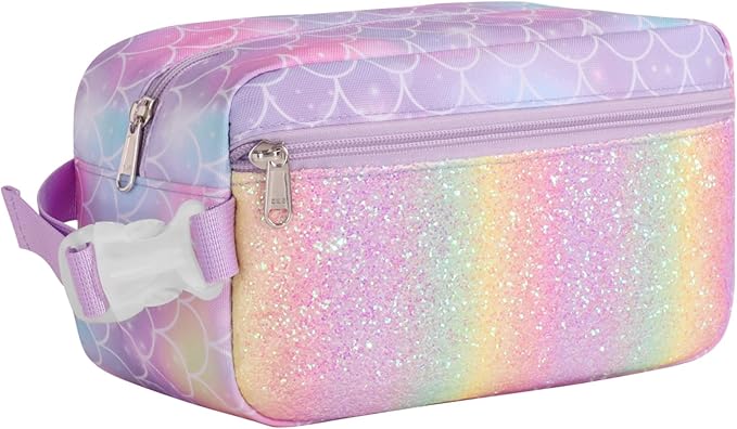 Bagseri Kids Snack Bag Girls - Small Reusable Mini Cooler Pouch, Insulated 3.9L Food Carrier with Buckle Handle for School and Daycare, Fits in Backpack, Glitter Mermaid Scale
