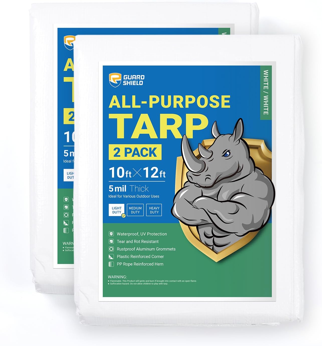 GUARD SHIELD Tarp White 10x12 Feet Multi Purpose Waterproof Poly Tarp Cover 5mil (2-Pack)