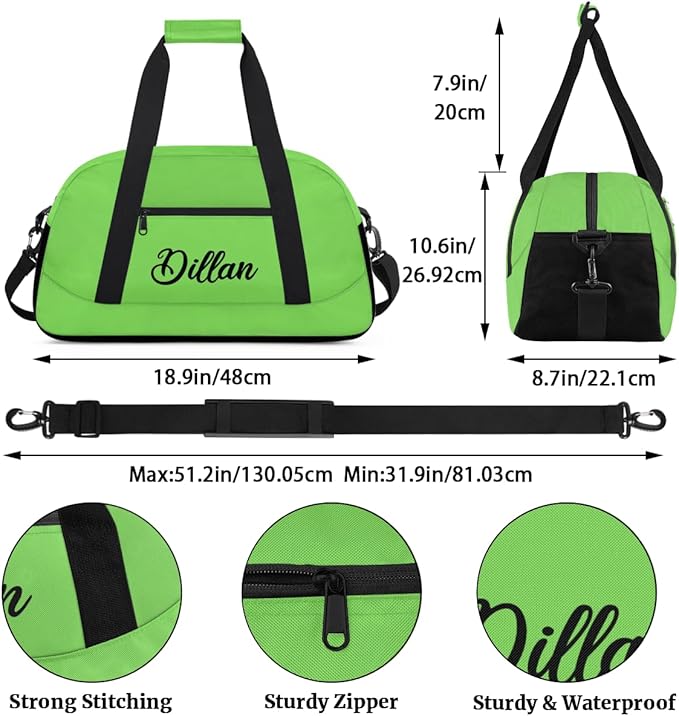 Custom Name Gym Duffel for Kids,Personalized Sports Bag Lightweight Gym Bags for Boys & Girls,Fitness Travel Weekender for Travel, and Workout Grass Green