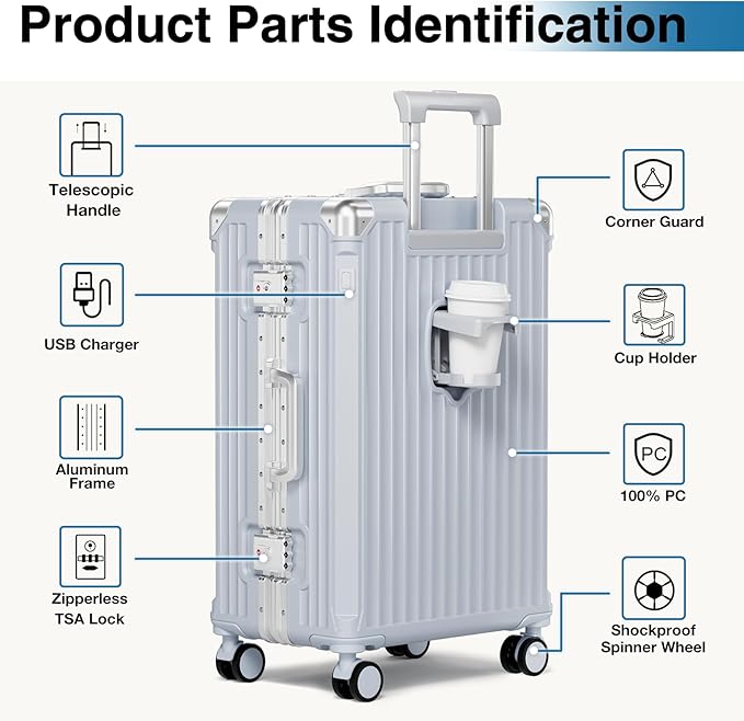 Krute Zipperless Luggage with Spinner Wheels Checked Aluminum Frame Luggage PC Hard Shell Suitcase with Charger and Cup Holder TSA Lock No Zipper 24 Inch Suitcases