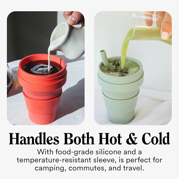 STOJO Collapsible Travel Cup - Reusable To-Go Pocket Size Silicone Bottle for Hot and Cold Drinks - Perfect for Camping - Microwave & Dishwasher Safe (Translucent Steel, 16, ounces)