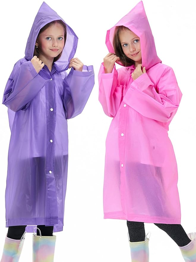 2 Pack Reusable Waterproof Raincoat EVA Emergency Rain Ponchos One Size Rain Jacket for Children, Boys and Girls