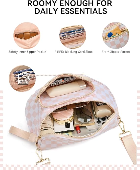 BOSTANTEN Crossbody Bags for Women Cross Body Purse Checkered Bum Bag, Large Diaper Purse for Moms, Perfect for Work/Travel