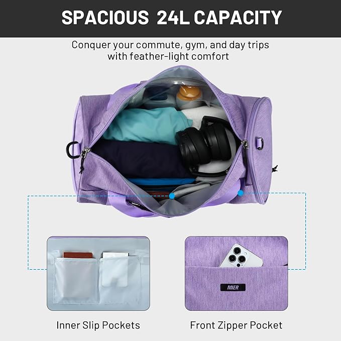 MIER Gym Bag Round Duffle Bag with Shoe Compartment & Wet Pocket, Lightweight Carry on Duffel for Men Women Workout Fitness Travel Sports, 24L, Purple