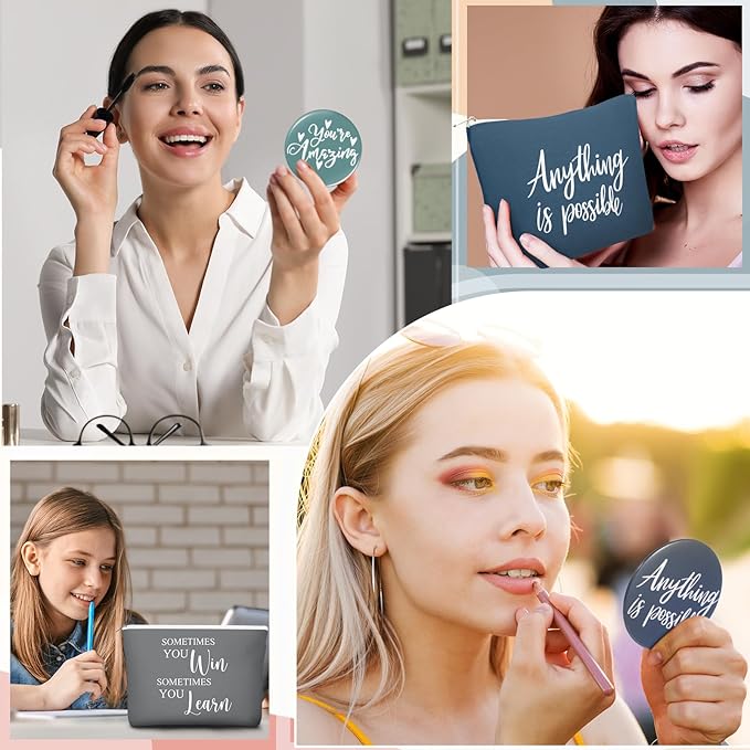 20 Pcs Employee Appreciation Gifts For Women Inspirational Canvas Makeup Bags Portable Compact Mirror Bulk Cosmetic Bags Thank You Gifts for Social Worker Coworkers (Incentive,Vintage)
