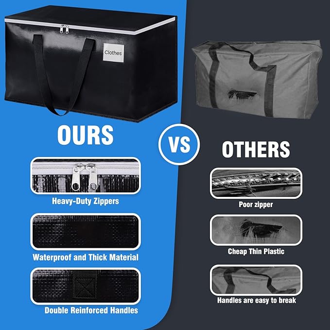 BlissTotes Moving Bags, Heavy Duty Moving Boxes with Zippers Top and Sturdy Handles, Storage Bags for Space Saving and Packing, Collapsible Moving Supplies, Storage Totes (125L, 10-Pack, Black)