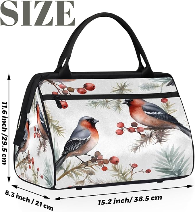 Travel Duffel Bag, Watercolor Winter Bullfinches Holly Leaf Waterproof Sports Gym Duffle Bag, Large Capacity Weekender Carry On Overnight Bags for Women Men
