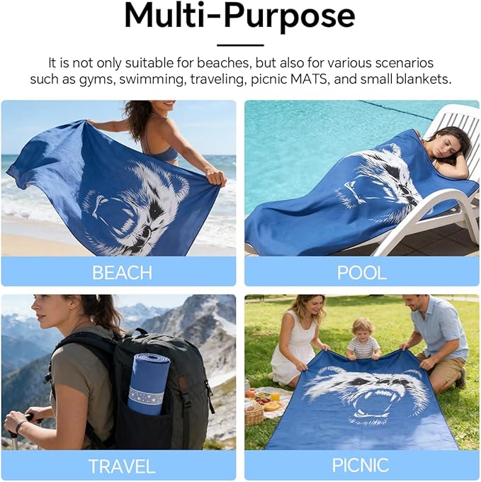 Microfiber Beach Towel, Ultra-Thin & Lightweight, Quick Dry, Sand Free,Compact Travel Towel for Sand, Pool, Swim, Yoga- Includes Carry Bag for Adults Women Men (Blue, 71"×35")