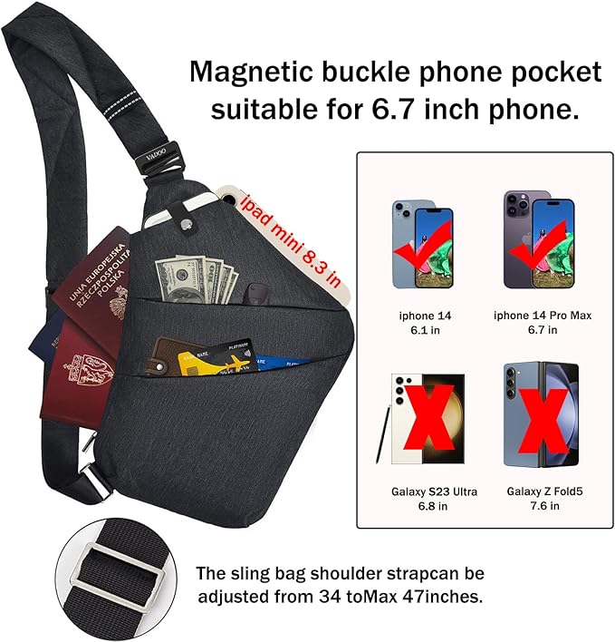 VADOO Sling Bag for Men and Women, Anti theft Crossbody Bag Lightweight Shoulder Chest Bag for Travel Gym Running