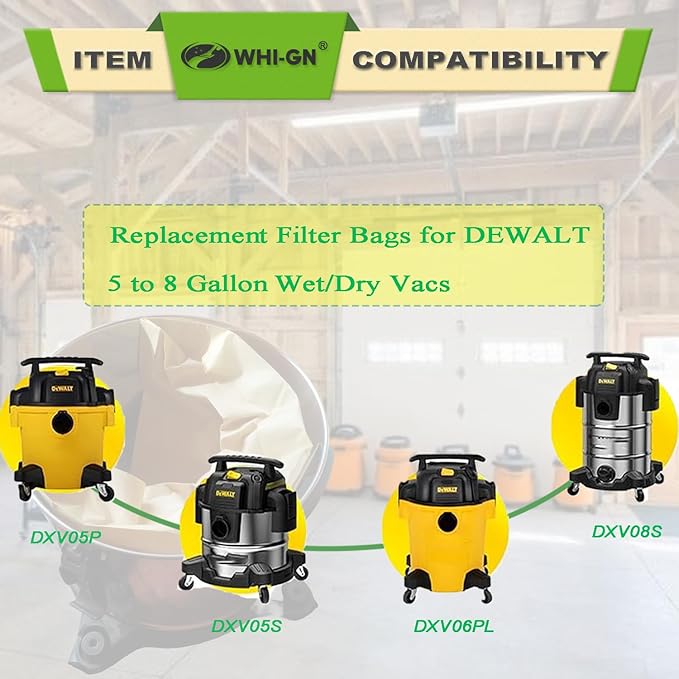 5 Pack DXVA19-4104 Vacuum Bags Replacement for Dewalt 8 Gallon Shop Vac Bags DXV08SA, compatible with DEWALT 5-8 Gallon Wet/Dry Vacuums, Disposable High Efficiency Filter Bags