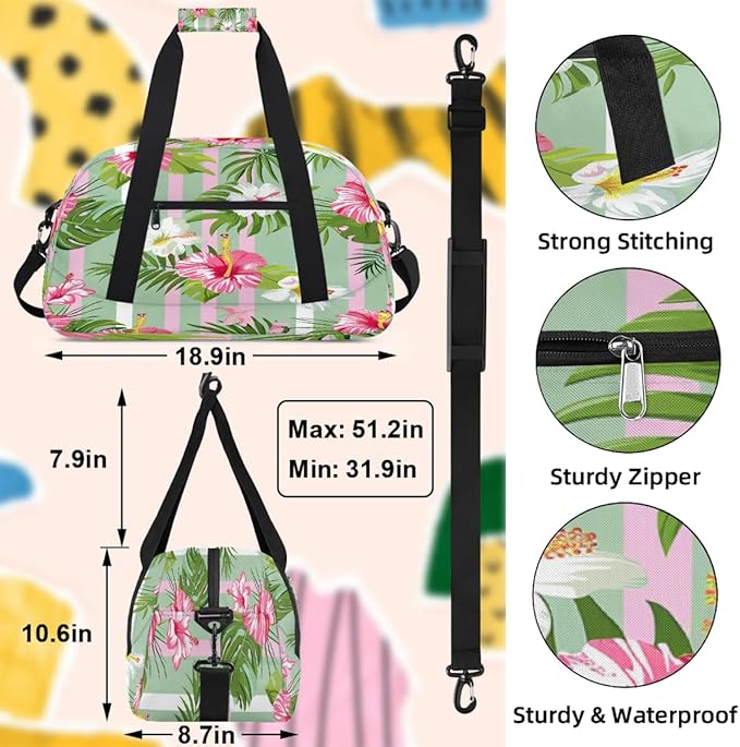 Duffle Bag for Women Men, Pink Green Stripe Flowers Gym Bag for Travel Sports, Lightweight Waterproof Weekender Overnight Bags with Adjustable Strap