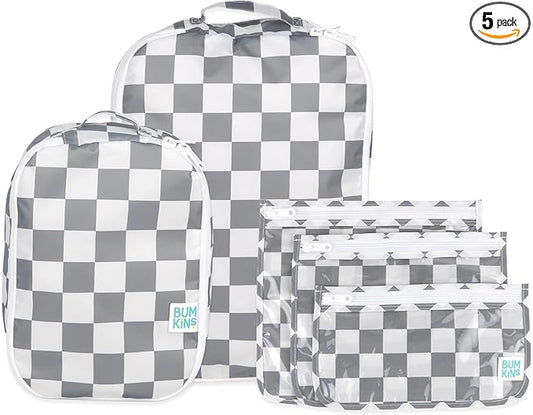 Bumkins Packing Cubes and TSA Approved Pouches for Travel Bag, Organize Luggage with Compression Bag, Essential Traveling Accessories to Pack Clothes, Toiletries Carry On Suitcase, 5-pc Gray Check