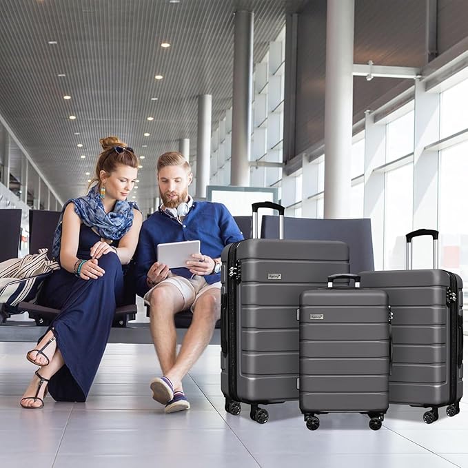 3-Piece Hardshell Luggage Set, Lightweight Expandable Suitcase with TSA Lock and Double Spinner Wheels, 20% Expansion for Extra Packing, Carry-On and Checked Bags, Grey