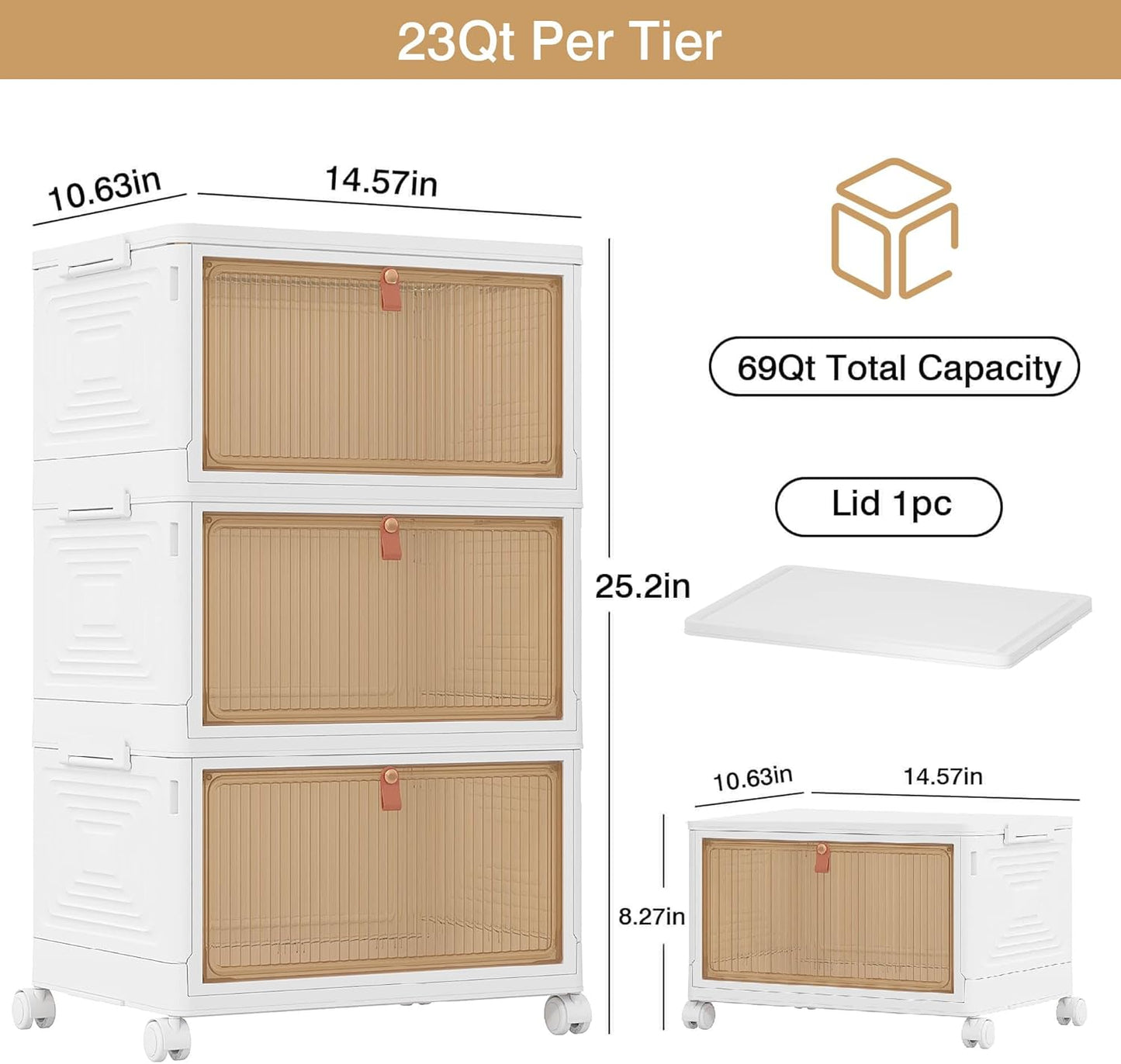 VECELO 3 Tier Stackable Storage Boxes with Magnetic Doors & Wheels, Foldable Storage Containers, 23 QT Closet Organizers for Living Room, Office, Dorm