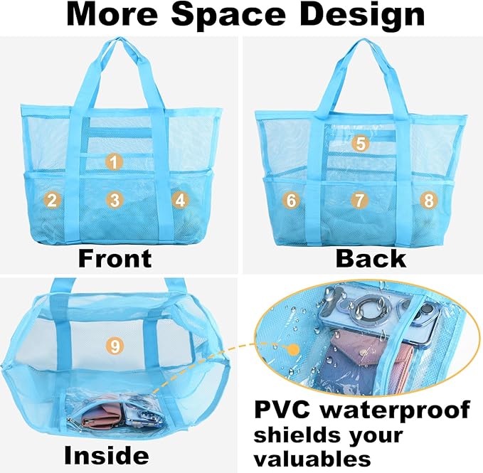 Mesh Beach Bag,Large Beach Bags for Women with 8 Pockets,Packable Tote Bag for Beach Cruise Pool Vacation Essentials