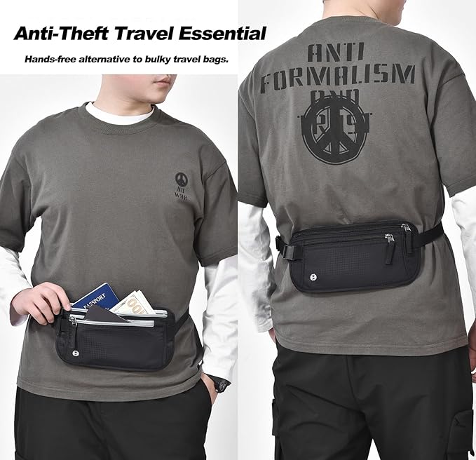 Travel Money Belt RFID Blocking - Slim Anti-Theft Passport Holder Pouch for Men & Women,Adjustable Waist Wallet with Secure Zipper (Khaki)