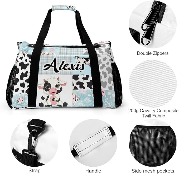 Gym Bags Blue Plaid Patchwork Cow Pattern Duffel Bag Adjustable Shoulder Strap Perform Training Travel Bag for Teens Adults Women Men Overnight Bag