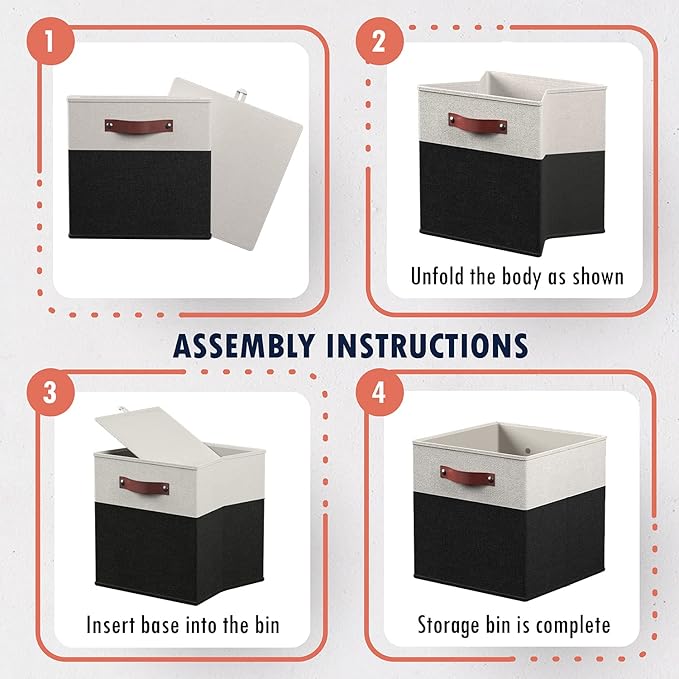 Ornavo Home 13 x 15 x 13 Kallax Storage Cube Bins, Foldable Collapsible Fabric Storage Bins Box Linen Shelf Basket Cube Organizer for Closet with Leather Handles, 6 Pack, White/Black
