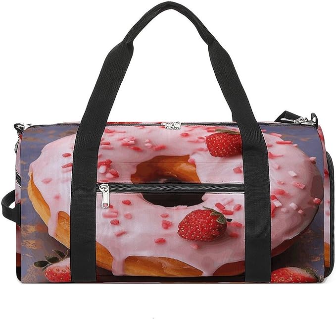 Strawberry Donut Gym Bag Lightweight ，Travel Duffle Bag with Shoe Compartment，Gym Bag for Women for Overnight, Weekend, Yoga, Gym, Business Trips, Sport And Hospital.