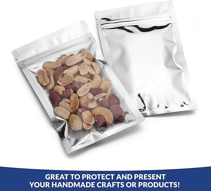 Mylar Bags with Zipper Seal 3.3 x 5.5” | 100 Bags | Resealable Heat Seal Bags for Candy and Food Packaging, Medications and Vitamins | Plastic and Aluminum Foil Packets for Liquid and Solids