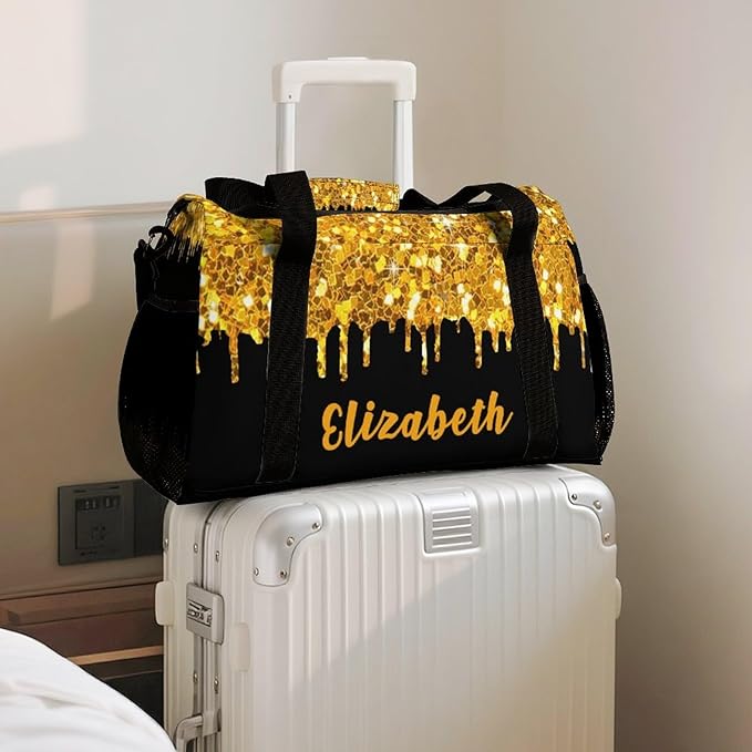 Golden Yellow Sequin Glitter Print Crossbody Bag Customized Duffel Bags (Store Shoes) Weekender Overnight Bag Travel Bag Personalized Gift Gym Bags