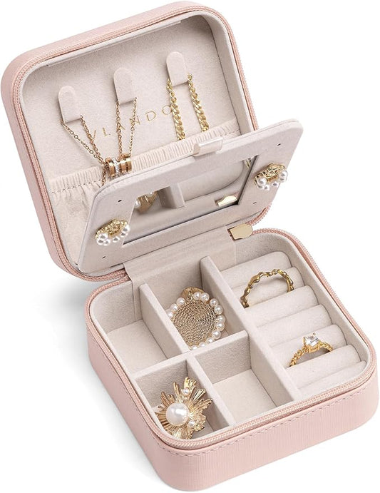 Vlando Valentines Day Gifts for Her- Small Travel Jewelry Box Organizer -Jewelry Display Case for Girls Women Bridesmaid Gift Rings Earrings Necklaces Storage with Mirror Pink