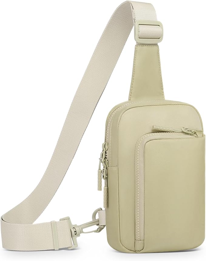 Mini Sling Bag for Men Women, Small Travel Fanny Packs Crossbody Anti Theft Reversible Nylon Chest Bag for Running Hiking (Khaki)