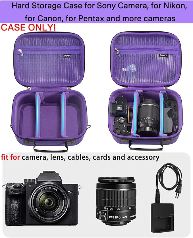 RAIACE Hard Case Compatible with Sony Alpha 7 II III IV/7R V Camera, for Nikon, for Canon, for Pentax and More. Mesh Pocket for Charger, Cables, Cards and Accessories. (case only) (Purple)