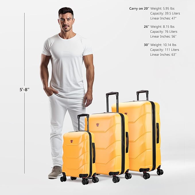 DUKAP ZONIX Luggage with Spinner Wheels | Durable Lightweight Hardshell Suitcase, Spacious Travel Sets with Handle and Trolley | (20/26/30) 3 Piece Luggage Set | Mustard