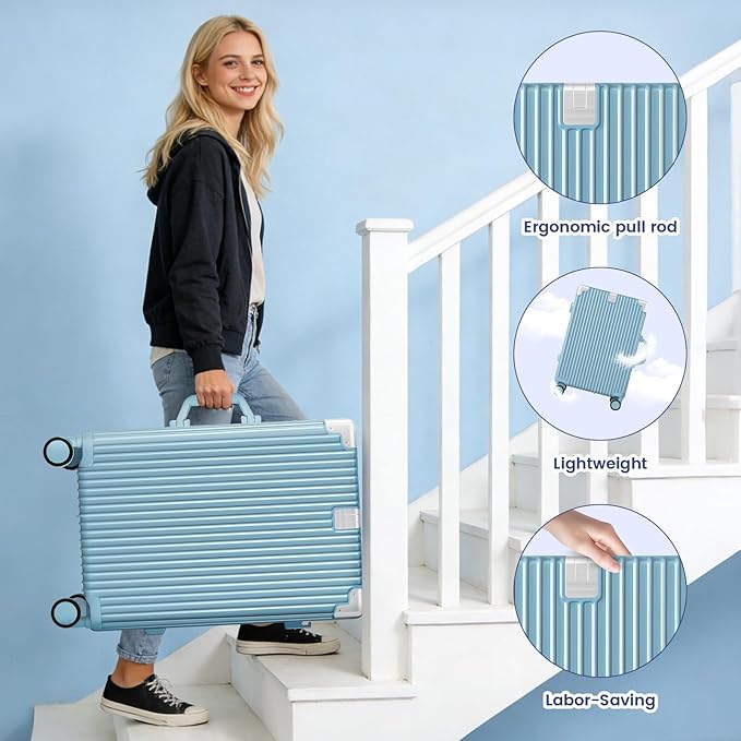 Zipperless Suitcase, 28 Inch Checked Luggage, Hardshell Aluminum Frame Polycarbonate Luggage with Phone Holder, Cup Holder, Charging Port, TSA Lock, Spinner Wheels for Vacations, Blue