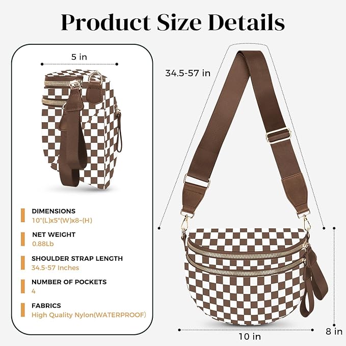 Spacious Nylon Checkered Crossbody Bum Bag for Women, Fashion Checkerboard Fanny Pack Purse with Anti-theft Pocket, Adjustable Wider Strap Wasit Bag (White-Brown)