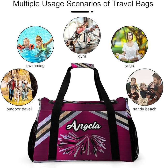 Handheld Crossbody Multifunctional Travel Bags, Personalized Duffle Bags, Cheer Rose Red Cheering Grey Luggage Bag, Custom Name Weekender Overnight Bags