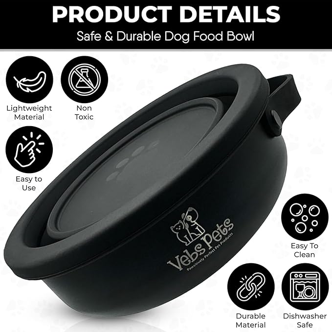 Vebs Pets- Stainless Steel Dog Bowl 30 oz, W/Collapsible Bowl Lid 20 oz W/Handle, Leak Proof, Non Slip, Food & Water Pet Bowls for Dogs & Cats, Medium Dogs, Portable Travel Dog (Black)