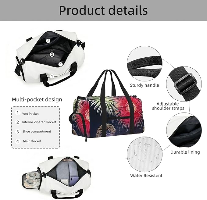 Splendid fireworks Print Gym Bag with Shoe Compartment for Women Men, 17.7in Sports Duffle Weekender Tote, Overnight Travel Duffel Bag Carry On