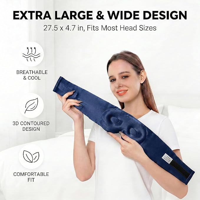 100% Mulberry Silk Sleep Mask for Women & Men – 22 Momme 6A Grade, 3D Contoured Total Blackout Eye Mask for Side Sleepers, Eyelash Extensions, Adjustable Strap, Breathable Blindfold (Navy Blue)
