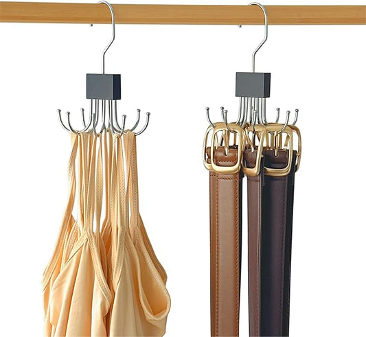 2 Pack Tank Top Hanger,Bra Hanger for Closet Organizer,Wooden Bra Storage Organizer with 8 Rotatable Metal Hooks for Space Saving,Foldable Bras Holder for Belts,Tank Tops,Ties(Black)