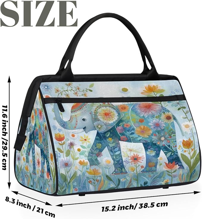 Gym Bag for Women Men, Floral Elephant Art Sports Duffel Bags, Waterproof Travel Weekender Overnight Carry On Tote Bags for Travel Sports