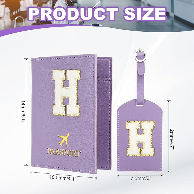 PATIKIL Passport Holder for Travel, Initial Passport Cover and Luggage Tag Set with Alphabet Chenille Letter Patch Travel Wallet Bag Suitcase Identifier for Women Family Travel Purple H