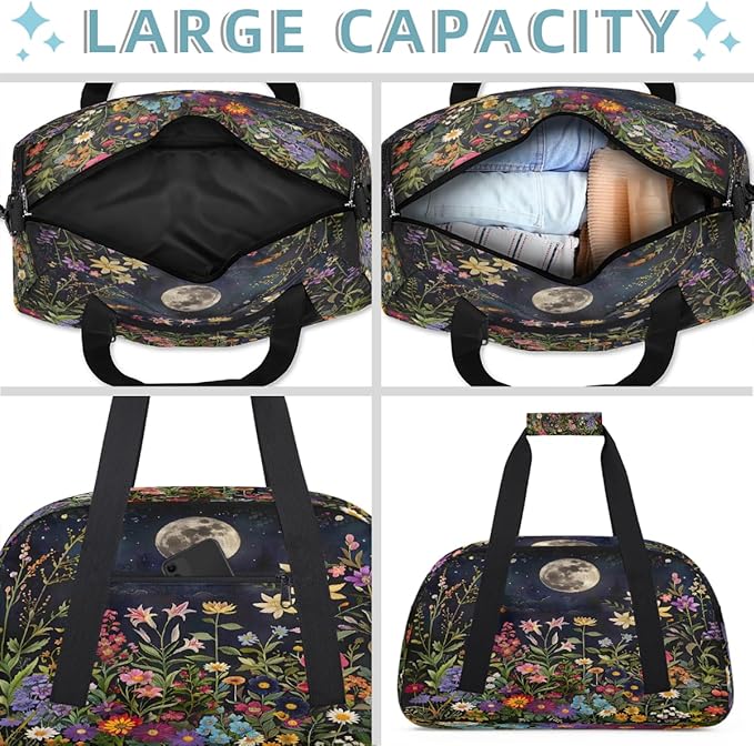 Travel Duffle Bag for travel duffle bag sports Girls Boys Kids Night View Moon Flowers Lightweight Overnight Sleepover Weekender Bags Small Dance Gym Sport Bag Teens Carry-On Size Workout Bag