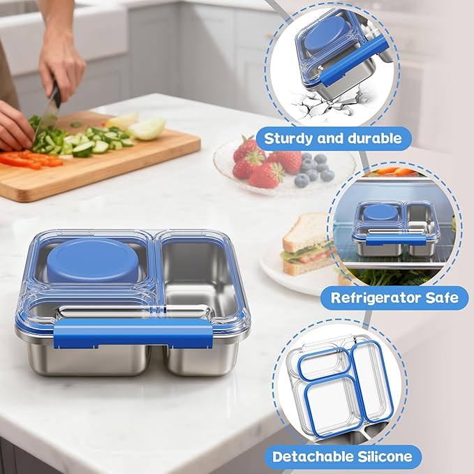 Stainless Steel Bento Box Kids Adult with 7oz Insulated Food Jar, Transparent Lid Metal Lunch Box With Soup Thermal Jar, Lunch Box Container with Removable Divider & Sauce Cup School (Blue)