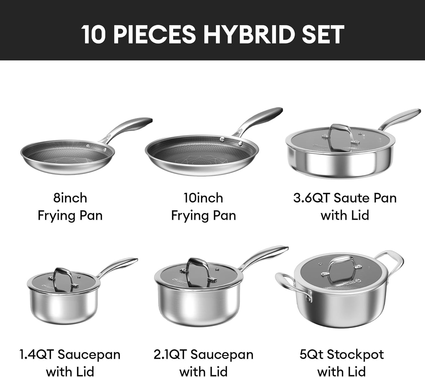 COOKER KING Stainless Steel Cookware Set, Pots and Pans Set Non Stick, Hybrid Ceramic Cookware,Non-Stick Frying Pans, Saucepans, Saute Pan & Stock Pot, Non-Toxic, Oven Safe, Induction Compatible