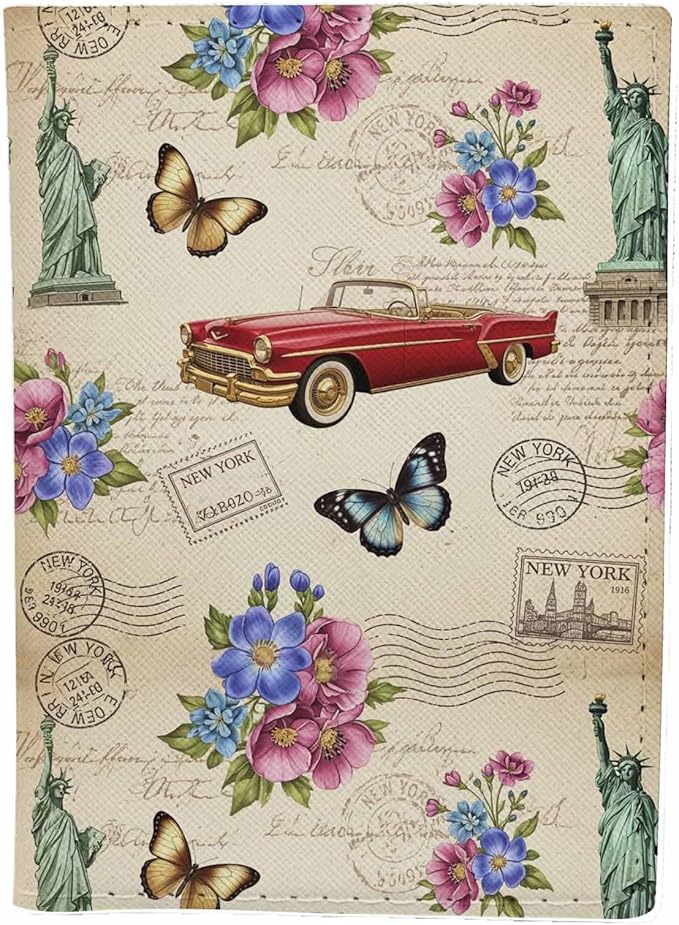 Vintage New York Passport Holder for Travel Retro Car 1920s the Statue of Liberty PU Leather Passport Cover Wallet Cute Passport Card Holder for Women and Men