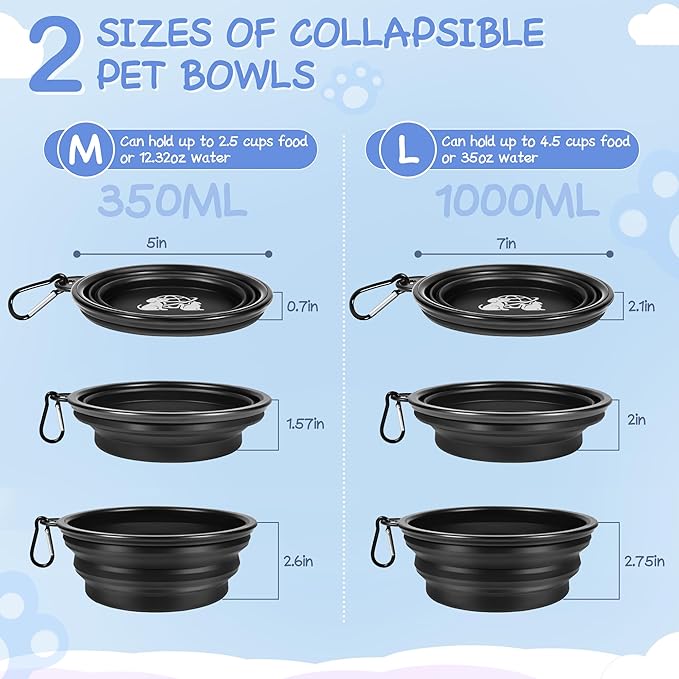 Portable Dog Bowls 2 Pack - Collapsible Silicone Travel Dog Bowls for Small, Medium & Large Dogs, Foldable Outdoor Bowl with Clip, Lightweight for Hiking Camping Backpacking（Large）
