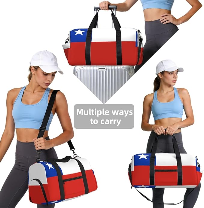 Flag of Chile Print Gym Bag with Shoe Compartment for Women Men, 17.7in Sports Duffle Weekender Tote, Overnight Travel Duffel Bag Carry On