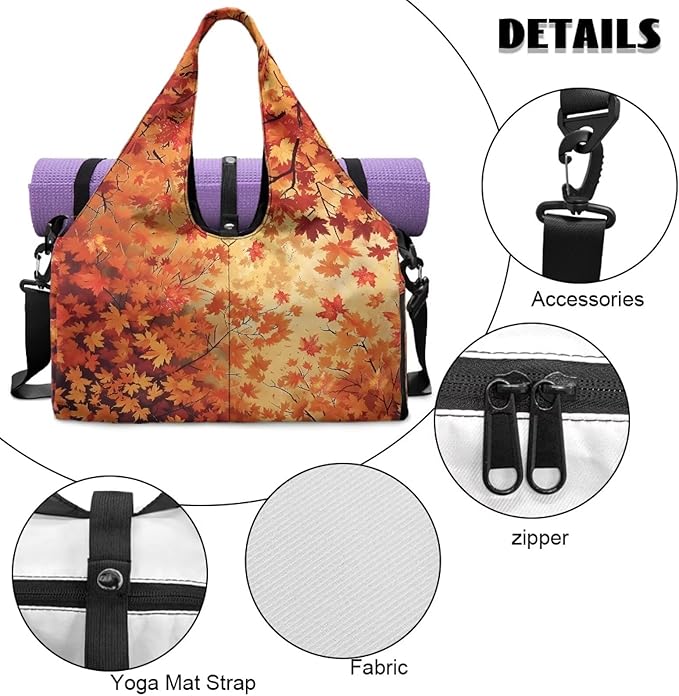 Fall Maple Leaf Gym Bag for Women Yoga Mat Holder Lightweight Sports Duffle Bag with Shoes Compartment Large Tote Bags with for Yoga Travel Hospital Weekender Gifts for Thanksgiving