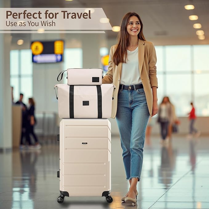 Hoteel Luggage Sets 3 Piece Expandable (4-YEARS WARRANTY) ABS+PC Hardshell Carry On Luggage Airline, Carry on Suitcase with Spinner Wheels & TSA Lock for Travel, Business, Beige (20in/DB/TB)