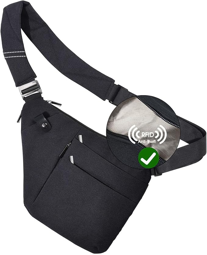 VADOO Anti-theft Sling Bag, RFID Blocking Crossbody Bag for Women and Men Lightweight Shoulder Chest for Travel Sport, Black 2.0, Large